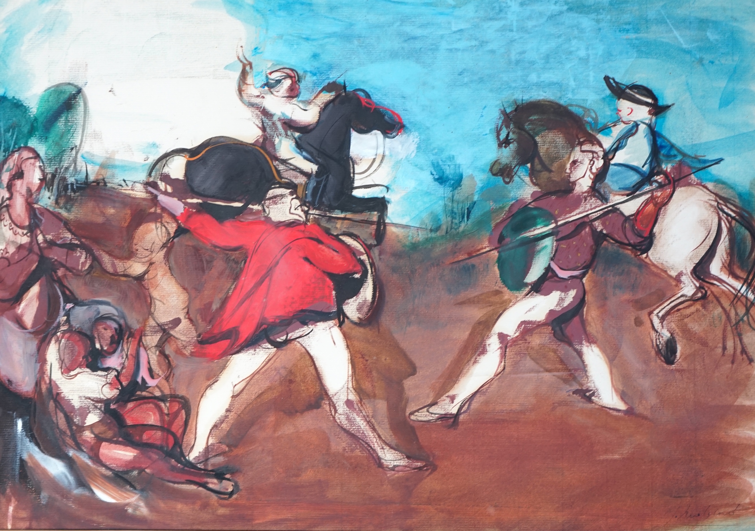 Jean Mablord (French, 1909-1978), ink and gouache on paper, Battle scene, signed in ink, 32 x 46cm. Condition - good